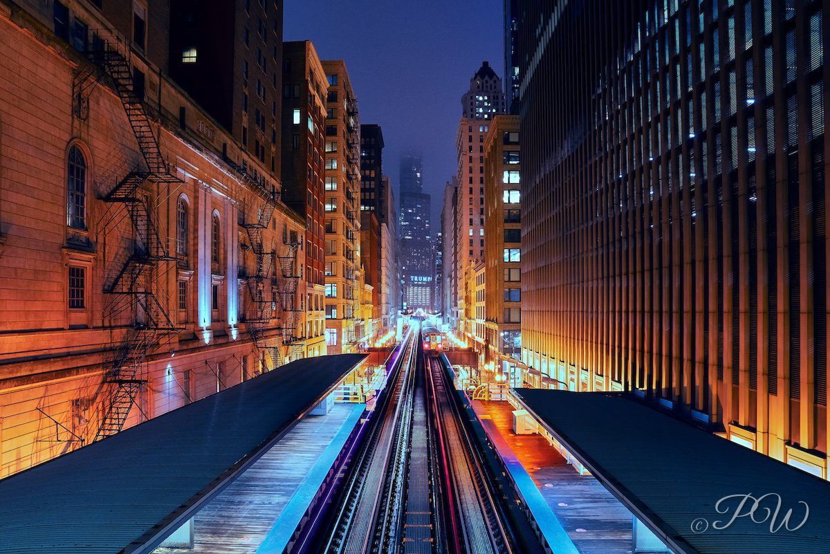 Elevated 'L' tracks at Adams/Wabash station at night, Chicago