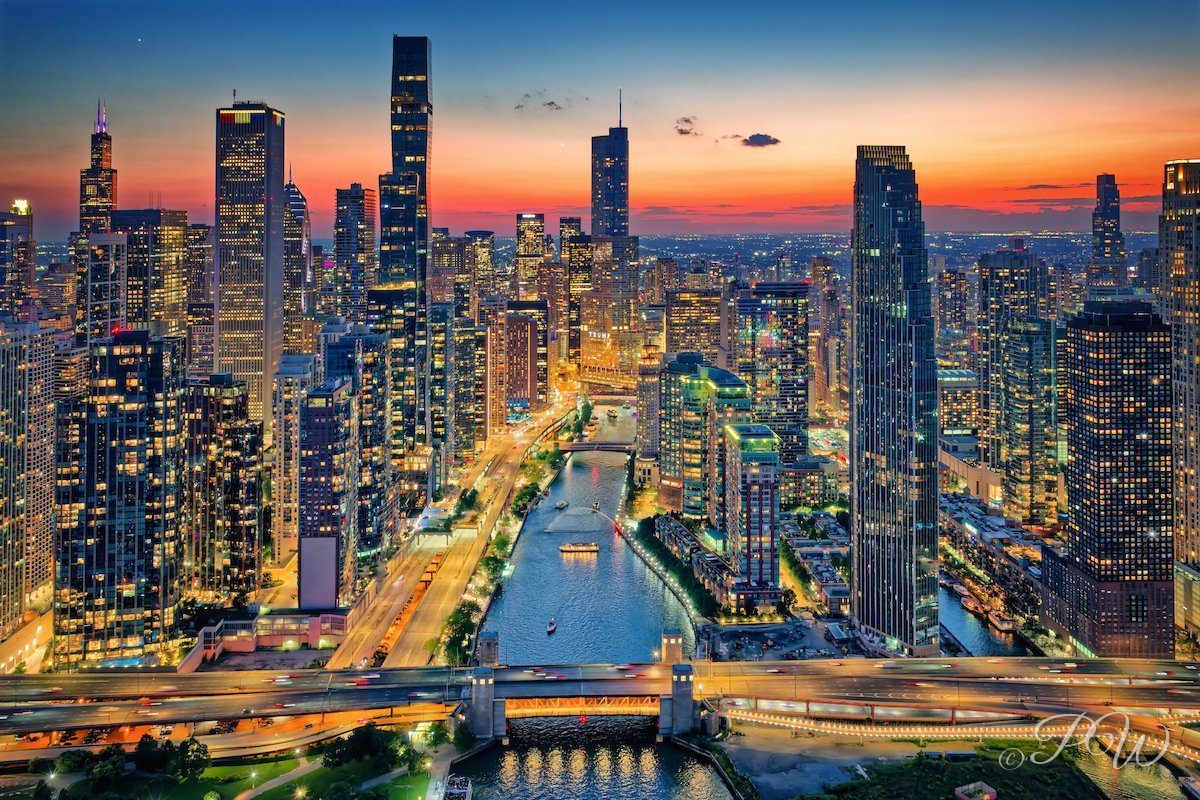 Chicago River and skyline from the air at twilight